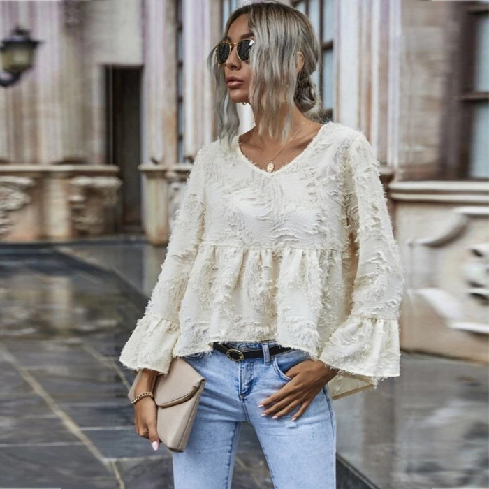 2021 Women Clothes Autumn Sexy V Neck Solid Blouse Shirt Office Lady Casual Loose Flare Long Sleeve Harajuku Korean Tops