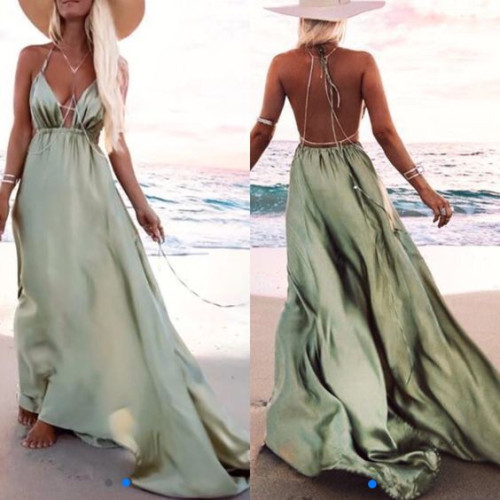 2021 Summer Women Long Slip Dress Spaghetti Strap Sexy Backless Satin Green Maxi Party Dress
