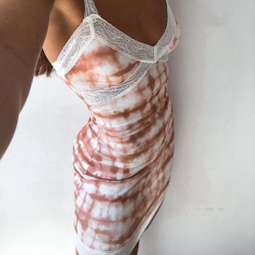 2021 Summer Vintage Print Dress Women Sexy Bodycon Mini Dress Spaghetti Strap White Lace Crochet Short Pencil Dress