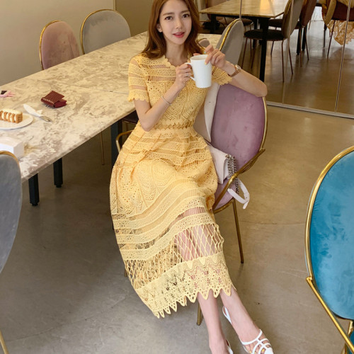 Women Elegant Yellow Lace Dress Summer Style Short Sleeve Hollow Out Sexy Women Clothes Casual Female Party Midi Vintage Dress