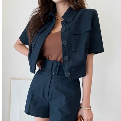 New Korean Crop Jacket Casual Shorts Pants Two-piece Suit Women Summer Streetwear High Street Outfits Woman Office Sets