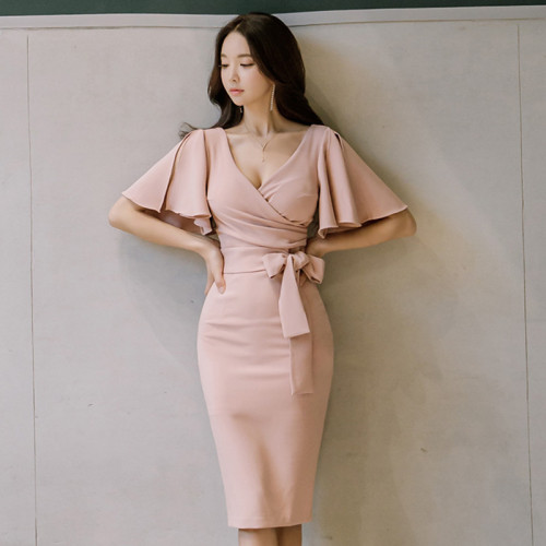 2021 Spring Women Office Work Midi Dress Elegant Solid Color Chic Short-Sleeve V-neck Pink New Bodycon Formal Party Pencil Dress