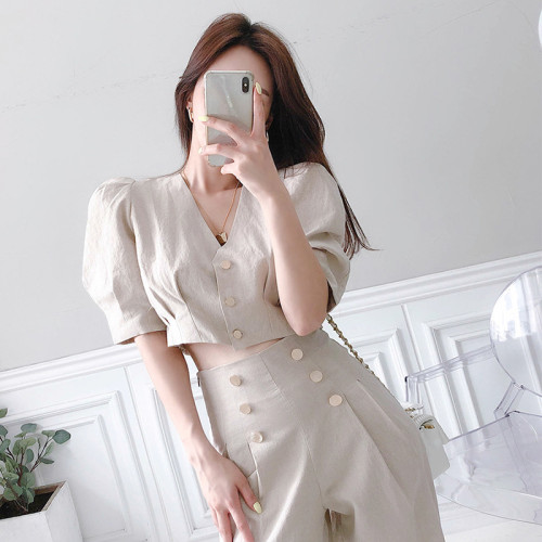 Business Ladies Women Two Piece Outfits Formal OL style Elegant Puff Short Sleeve Tops + High waist Long Pants 2 Pieces Set