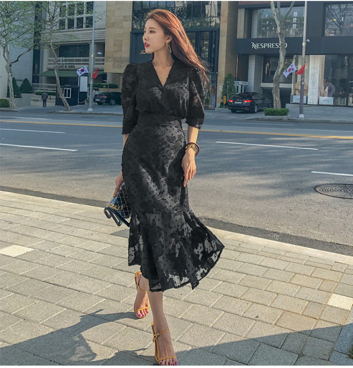 2021 Summer Clothing New Style Korean-Style Elegant V-Neck Mock High-Waisted Slim Fit Half-Sleeve Trumpet Mermaid Dress