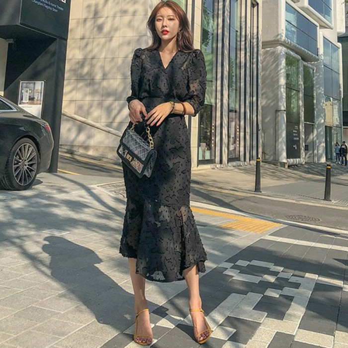 2021 Summer Clothing New Style Korean-Style Elegant V-Neck Mock High-Waisted Slim Fit Half-Sleeve Trumpet Mermaid Dress