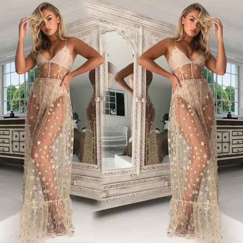 2021 Summer Women Sexy Long Beach Dress Spaghetti Strap Stars Print Transparent Sleeveless Mesh Maxi Dress