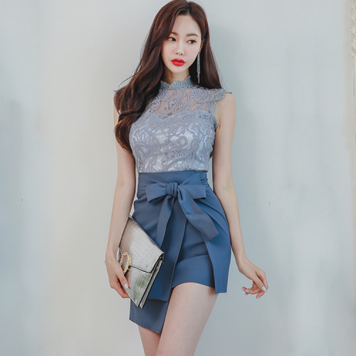 Summer Sleeveless Lace Blouse Bowknot Irregular Mini Skirt Two Piece Sexy Bodycon Sets Solid Suit Dress
