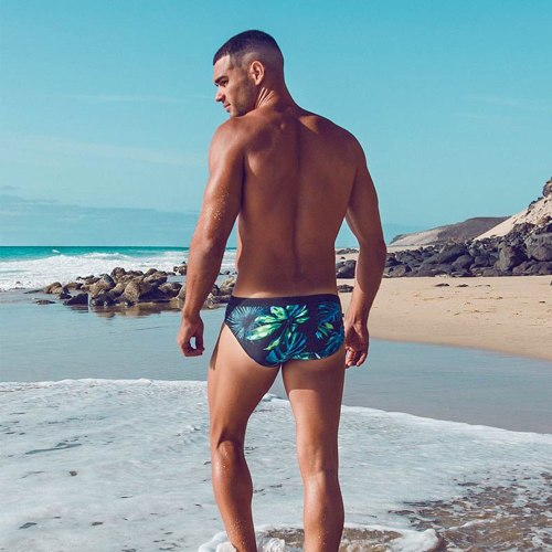 Mens Low Waist Swim Brief Bikini Swimwear Swimsuits Quick Dry Leaf Printed Breathable Summer Surf Trunk Beach Shorts