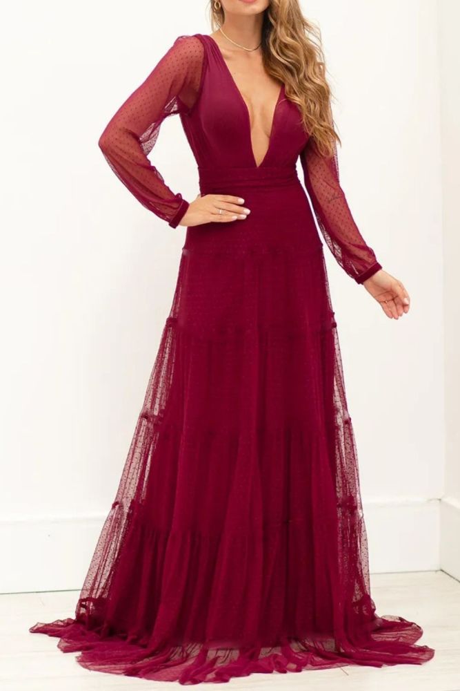 Dress Autumn 2021 Solid Color Temperament Commute Lace Red V-neck Long Sleeve Backless Net Yarn Perspective Women's Dress