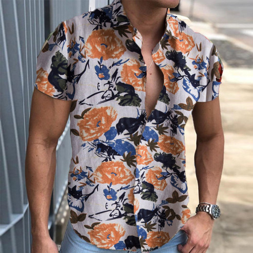 Stylish Floral Print Hawaiian Aloha Shirt Men 2021 Summer New Short Sleeve Beach Shirts Mens Holiday Party Vacation Clothing #3