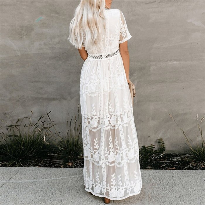 2021 Summer Boho Casual Beach Dress Long Crochet Lace Dress White Deep V Neck Sexy Elegant Evening Party Maxi Dress Vestidos