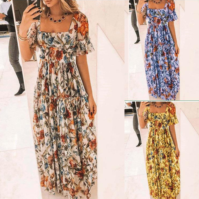 2021 Sexy Boat Neck Wrapped Chest Short Sleeve Floral Print Maxi Dress