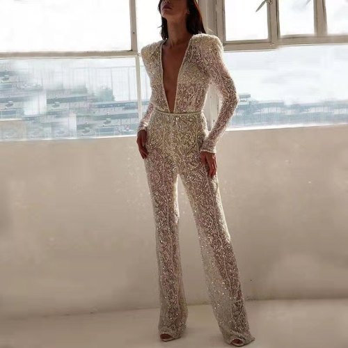 Women Elegant Hollow Out Sequins Jumpsuit Ladies Sexy Long Sleeve V Neck Straight Romper Mesh Overalls
