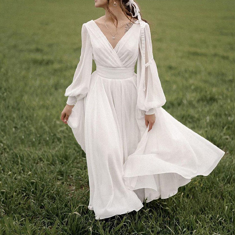 White Dresses Women Boho Elegant A-Line V-Neck Chiffon Long Sleeve Robe ...