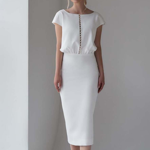 Women Fashion Elegant Formal Solid White Short Sleeve Work Overalls High Waist Tight Bodycon Night Dress