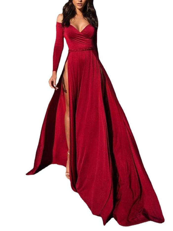 2021 summer new European and American women's one-shoulder sexy long-sleeved dress with open slits