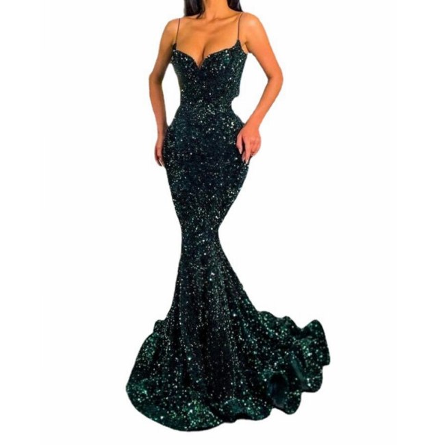 Sexy Women Dress Long Formal Green Sequin Sequined Dress Spaghetti Strap Evening Party Tight Dress Plus Size
