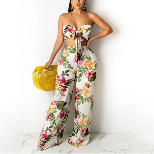 Summer new women suit long printed trousers wide-leg pants tube sleeveless tie bow knot halter top vest fashionable ladies sets