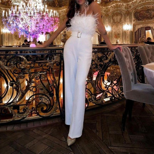 Sexy Jumpsuit Women Breast Wrap Spring Summer Fashion Female Elegant White Empire Casual Straight Long Jumpsuits Lugentolo