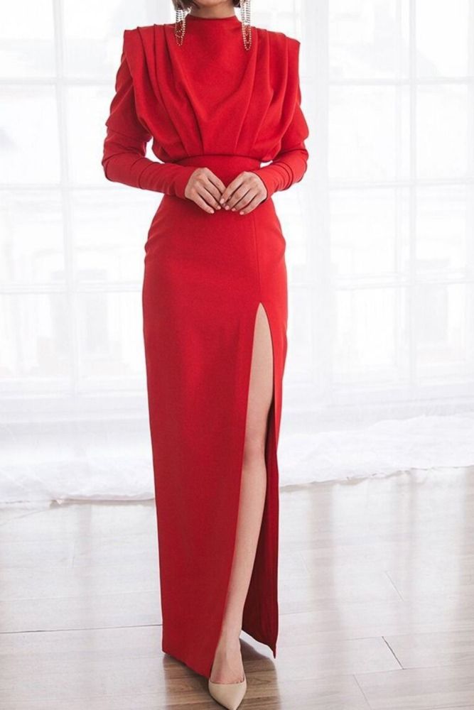 Women Dress Temperament Party Dresses Stand Collar Split Maxi Dresses Long Sleeve High Waist Sexy Plus Size Dress 2021
