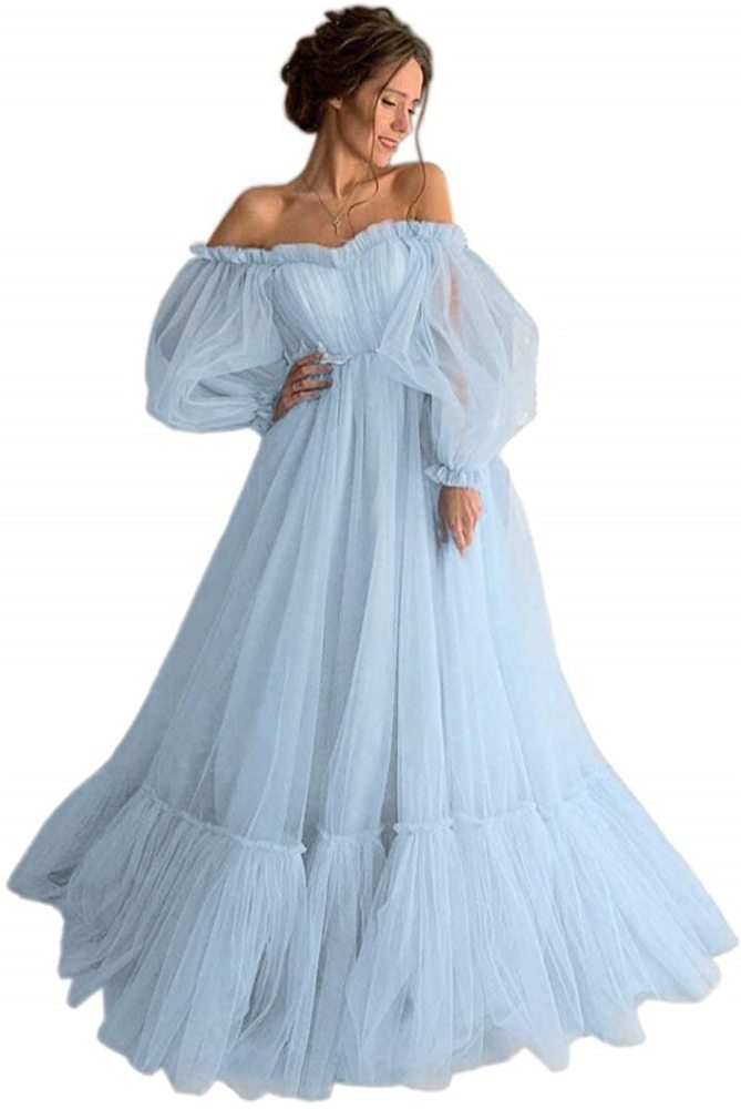 Blue Prom Dresses Long Sleeve Off the Shoulder Princess Dress 2021 Tulle Lace-up Formal Evening Party Dresses Plus Size