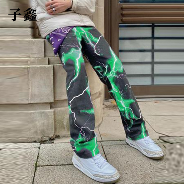 Joymanmall 2021 NEW Green Lightning Strike Pattern Type Hip Hop Pants