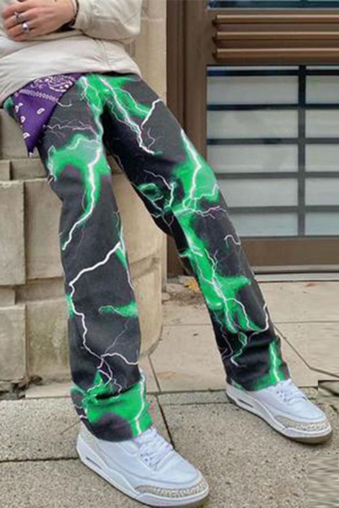 Joymanmall 2021 NEW Green Lightning Strike Pattern Type Hip Hop Pants