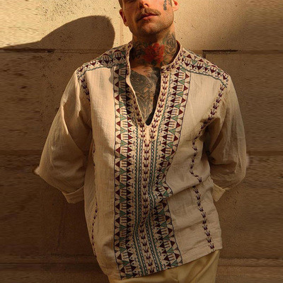 Men's Ethnic Style Printed V-neck Shirt Summer Casual Daily Loose Stitching Linen Cotton Printed Long-sleeved Shirt Men's Shirt