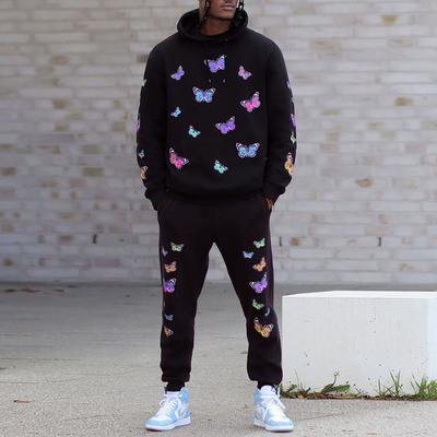 Men Sports Suits Two Piece Set Butterfly Pattern Hoodies and Pants