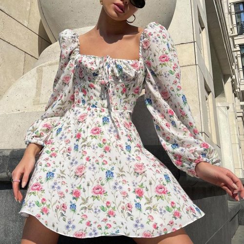 Floral Dress Women Lantern Long Sleeve Ruched Print A Line Square Neck Tie Up Mini Vestidos Sexy Chic Summer Beach Ladies Dress