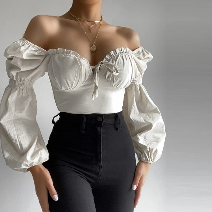 Puff Sleeve Blouses Ruched V Neck Tie up Solid Color Elastic 2 Layers White Crop Top Women Sweet Pullover Slim Fit Blous