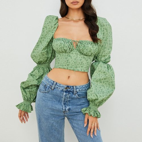 Autumn Square Collar Bandage Y2K Blouse Women Low Cut Long Puff Sleeve Short Blouse Casual Green Floral Print Female Tops 2021