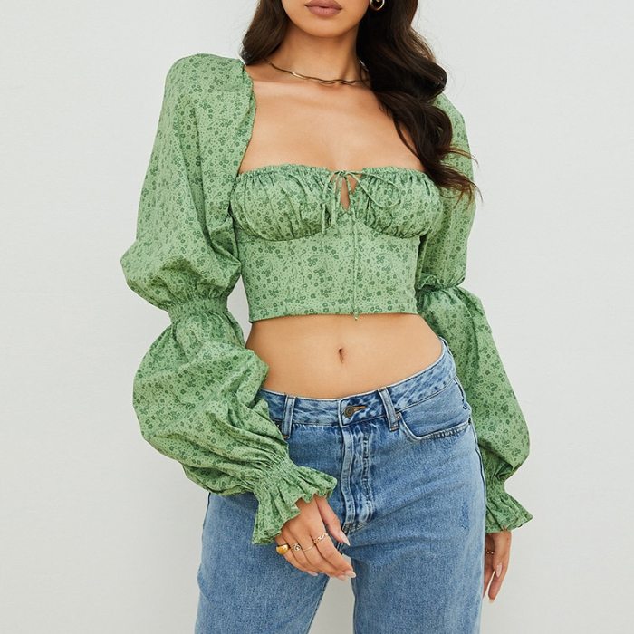 Autumn Square Collar Bandage Y2K Blouse Women Low Cut Long Puff Sleeve Short Blouse Casual Green Floral Print Female Tops 2021
