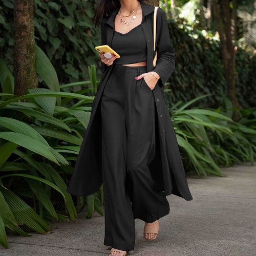 2021 Autumn New Arrival Women Set Three Piece Singble Breasted Long Trench + High Waist Pant+sleeveless Vest Suit Casual Outfits