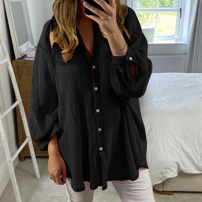 Women Cotton Linen Casual Solid Tops Casual Button Shirts Ladies Turn Down Collar Loose Top