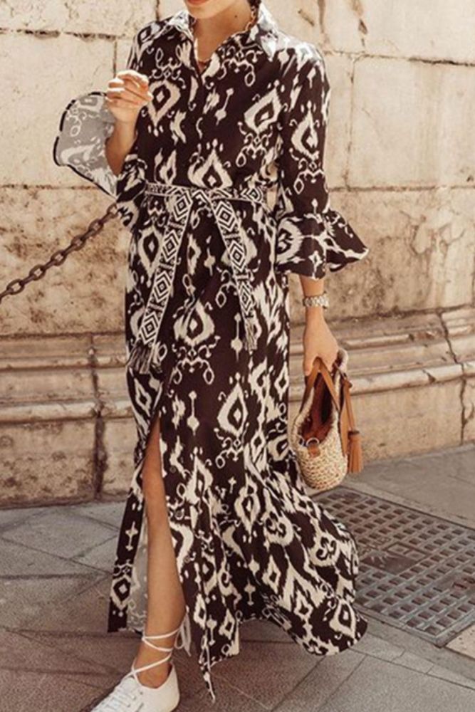 2021 New Autumn Maxi Dress Floral Pattern Black Chic Dress