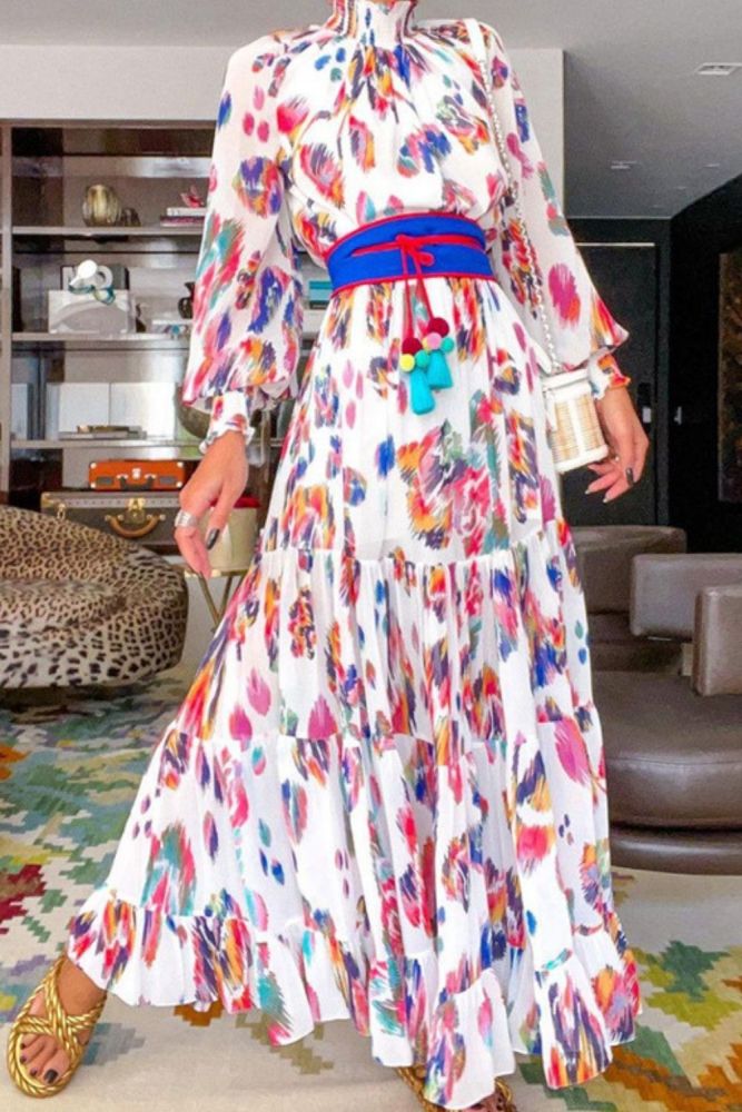 2021Women's Fashion Summer Style Elegant And Gentle High Collar Print Long Sleeve Bohemian Long Dress