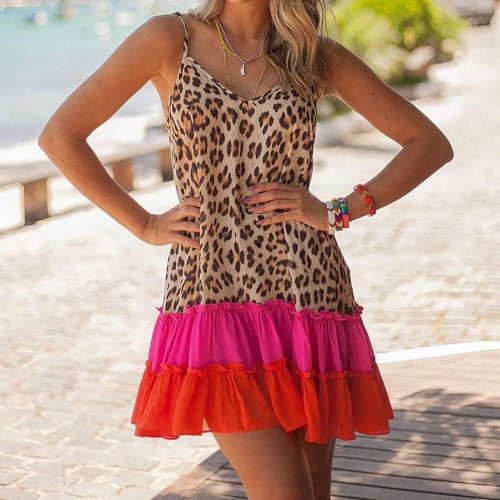 New Design Good Quality Factory Price Fashion Hot Selling Women's Sexy Printed Leopard Print Stitching Strap Dress