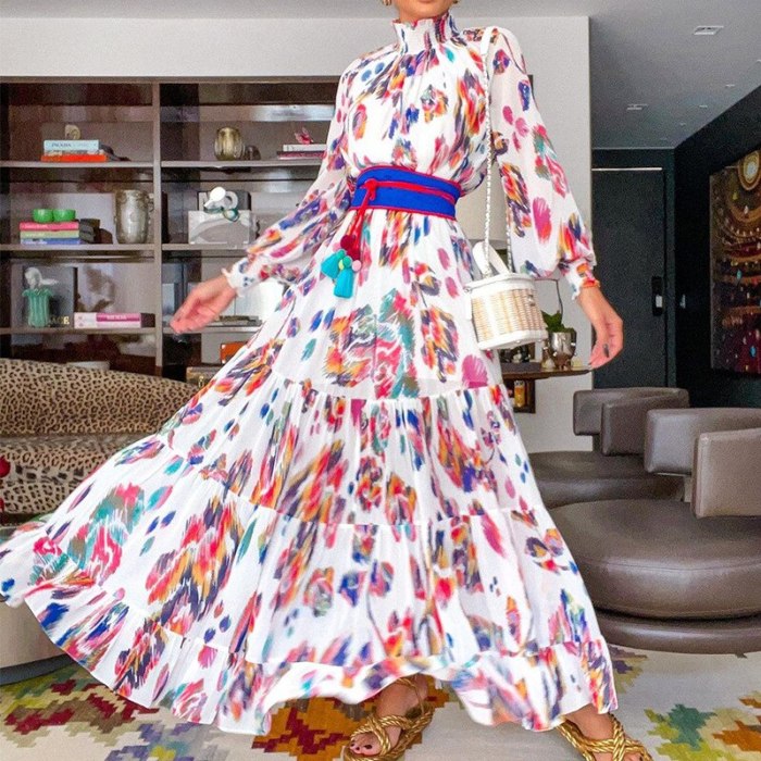 2021Women's Fashion Summer Style Elegant And Gentle High Collar Print Long Sleeve Bohemian Long Dress