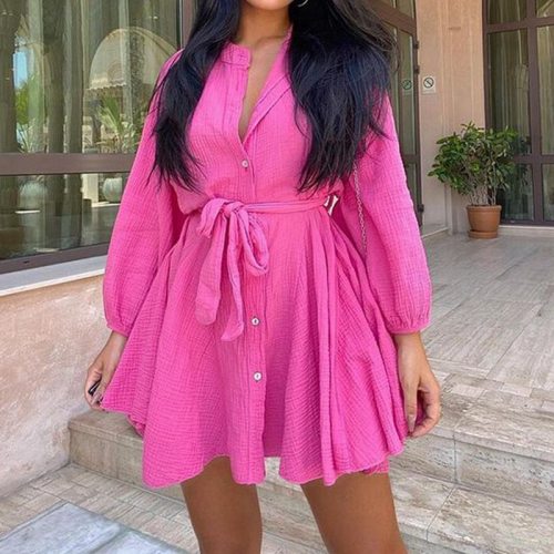 Summer new style sexy  dress V-neck zipper solid color casual solid color long-sleeved loose mid-length dress for women 2021