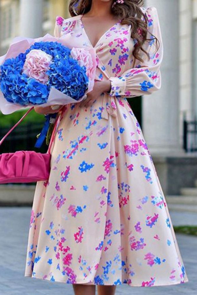 Elegant Floral Print V Neck Dress Women Spring Autumn Long Sleeve Wrap A Line Dresses Party Female Retro Midi Vestidos 2021