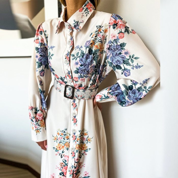 2021 Elegant Printing Women Maxi Dress Stunning Florals Pattern Long Sleeves Turn Down Neck A line Party Shirt Dresses + Belt