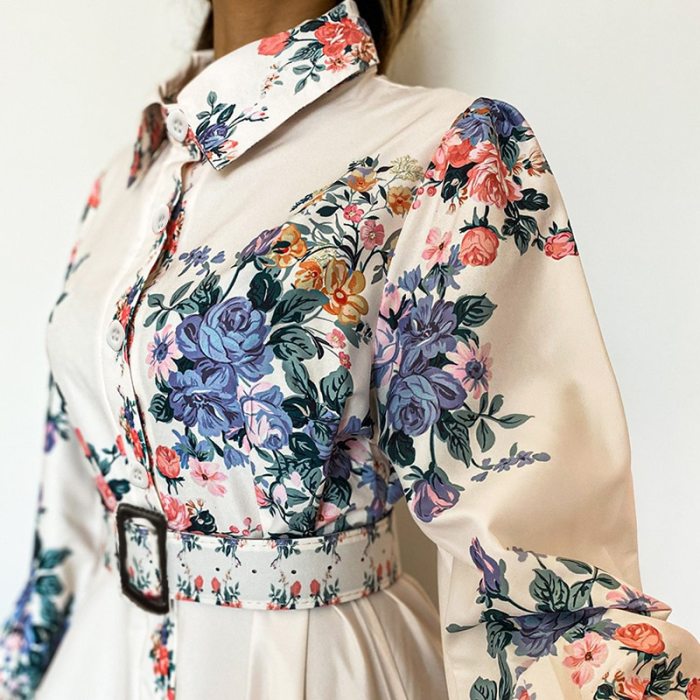 2021 Elegant Printing Women Maxi Dress Stunning Florals Pattern Long Sleeves Turn Down Neck A line Party Shirt Dresses + Belt