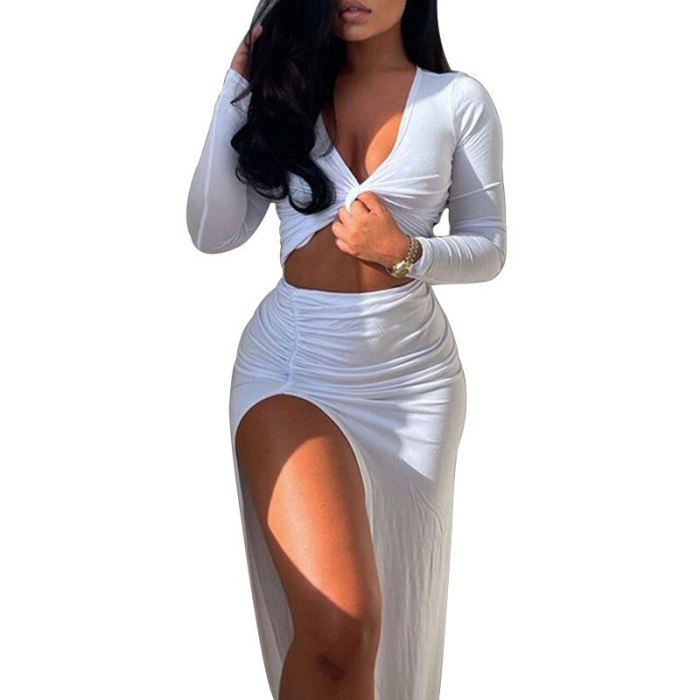 Women Fashion Suits Fall Spring Solid Ladies Long Sleeve Twist V Neck Crop Tops+Split Irregualr Skirts Sexy Bodycon 2PCS Outfits