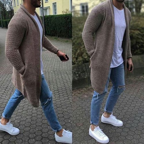 New Mens Knitted Cotton Cardigan Fashion Long Sweaters Male Casual Solid Long Sleeve Slim Outwear Autumn Winter Warm Jacket