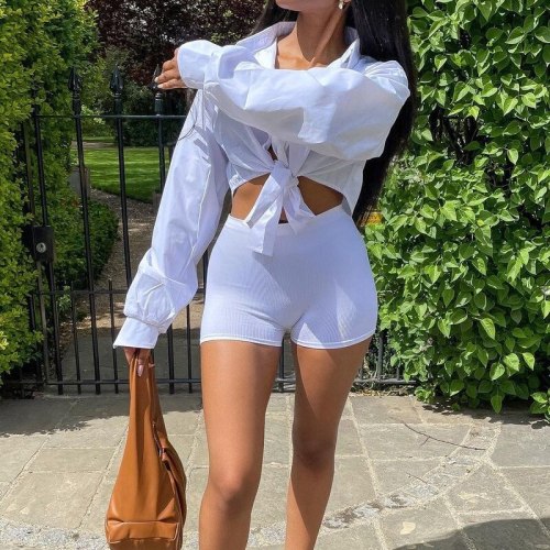 Casual Long Sleeve Two Piece Set Women Bandage Shirt and Elastic Waist Shorts Suits Fashion Solid Color Slim Outfit