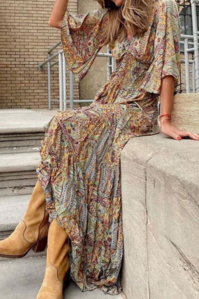 2021 Summer Women's New Fashion Elegant Print V-Neck Bohemian Waist Temperament Slim Leisure Long Dress