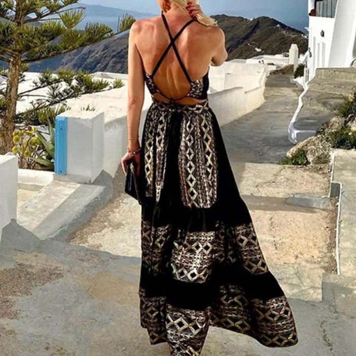 Sexy Vintage Backless Print Maxi Dress Woman Summer Fashion Sleeveless O-neck Women Clothes Black Boho Off Shoulder Long Dresses