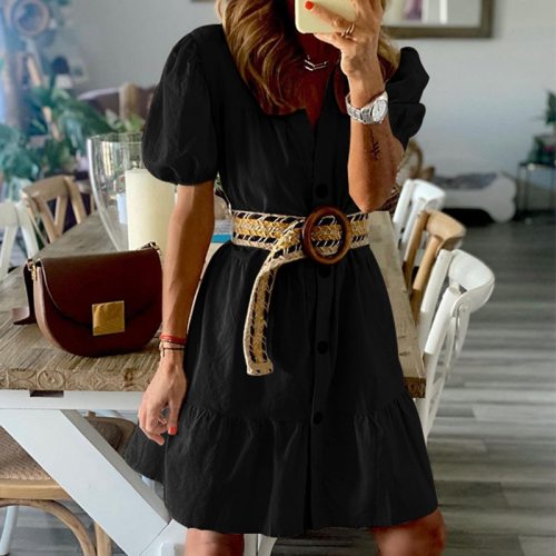 Women Elegant Puff Short Sleeve Ruffle Party Dress Spring Solid Single Breasted Ladies Shirt Dress Casual Loose A-Line Dresses