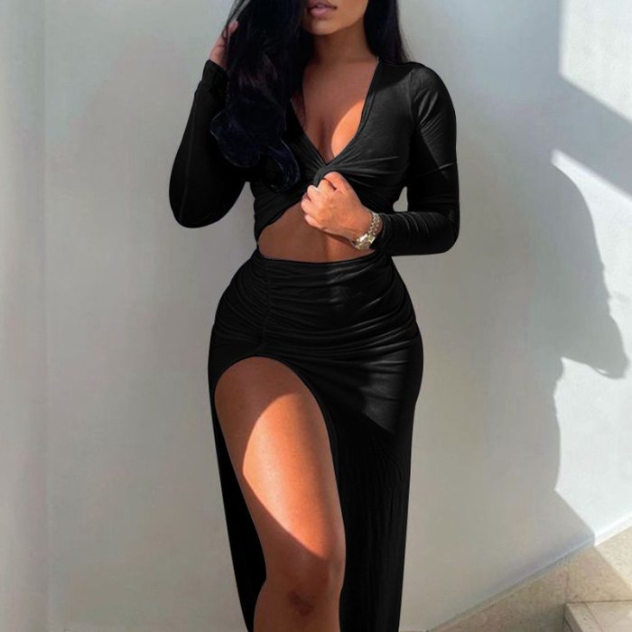 Women Fashion Suits Fall Spring Solid Ladies Long Sleeve Twist V Neck Crop Tops+Split Irregualr Skirts Sexy Bodycon 2PCS Outfits